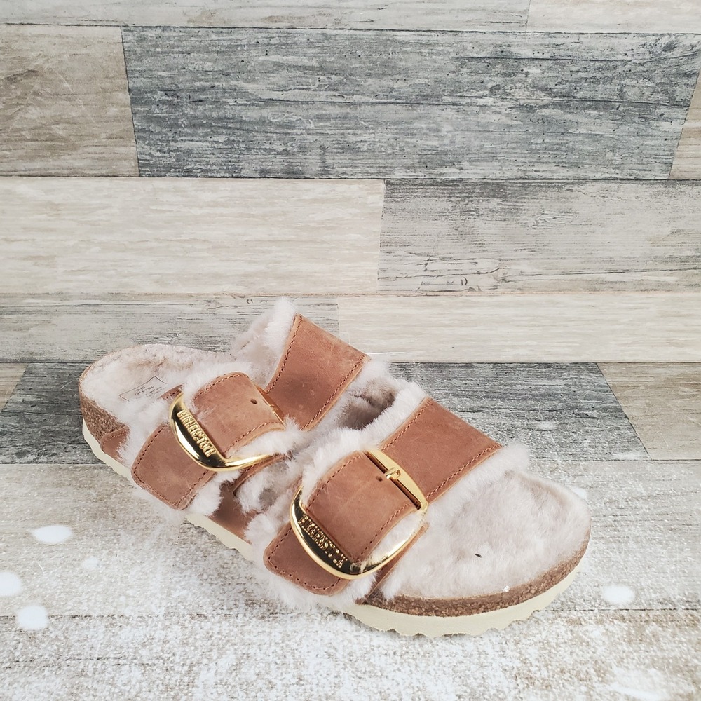 Birkenstock Arizona Womens Slide Sandals Sz 5 Cognac Shearling Leather Narrow‎